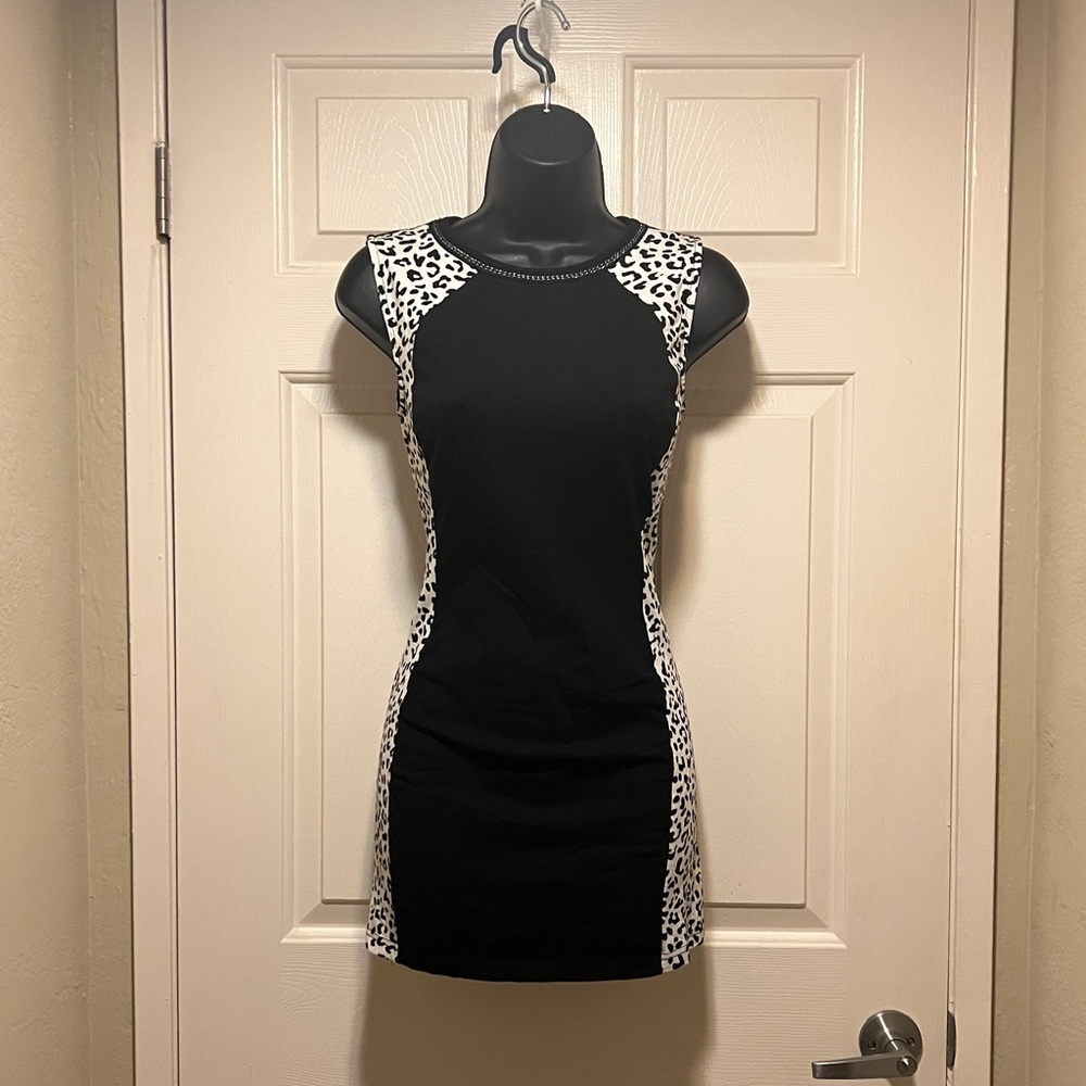 Animal Print Black and White Mini Cocktail Bodycon Dress Contrast Hourglass S